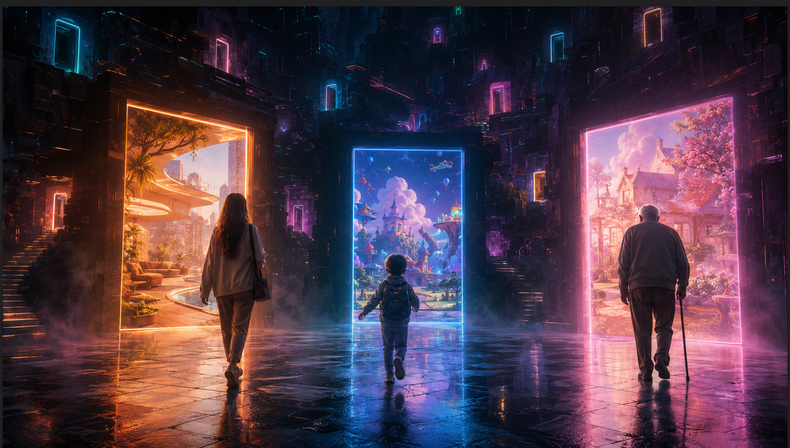 A woman, child and older man entering personalised digital Backrooms