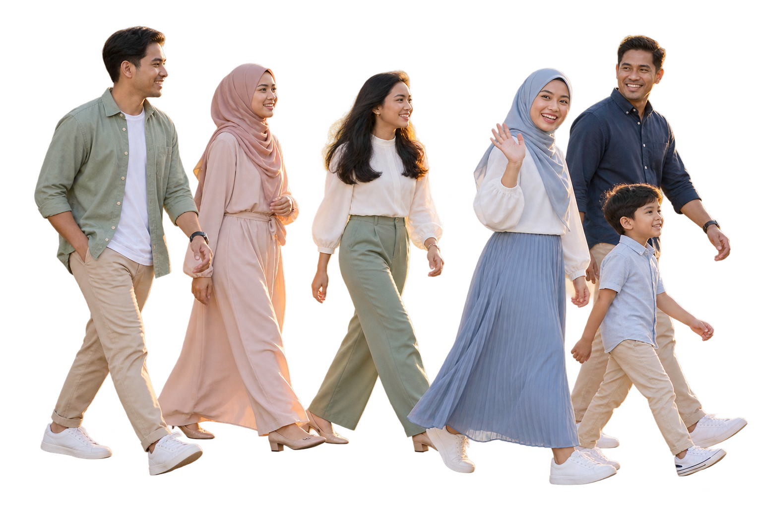 Happy Singapore Muslim adults and a child walking together