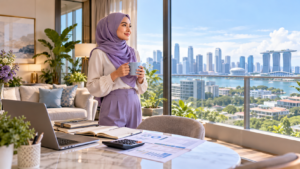 Muslim woman wearing a lavender hijab standing in a bright Singapore condominium and looking out toward the city skyline