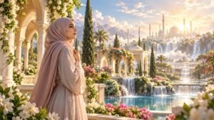 Thoughtful Muslim woman in a mauve hijab looking across a beautiful garden with flowers and waterfalls, illustration for women in Paradise and Islamic justice