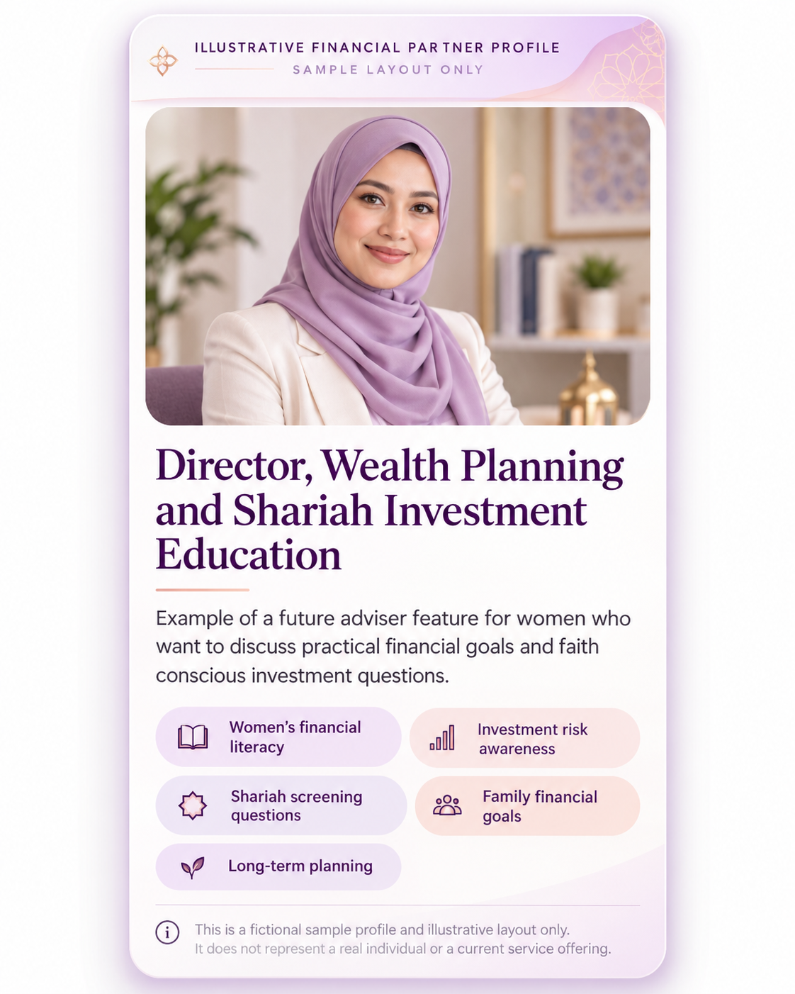 Realistic fictional Muslim woman in a lavender hijab and white blazer in a sample financial adviser profile design. This is not an actual adviser or sponsor.